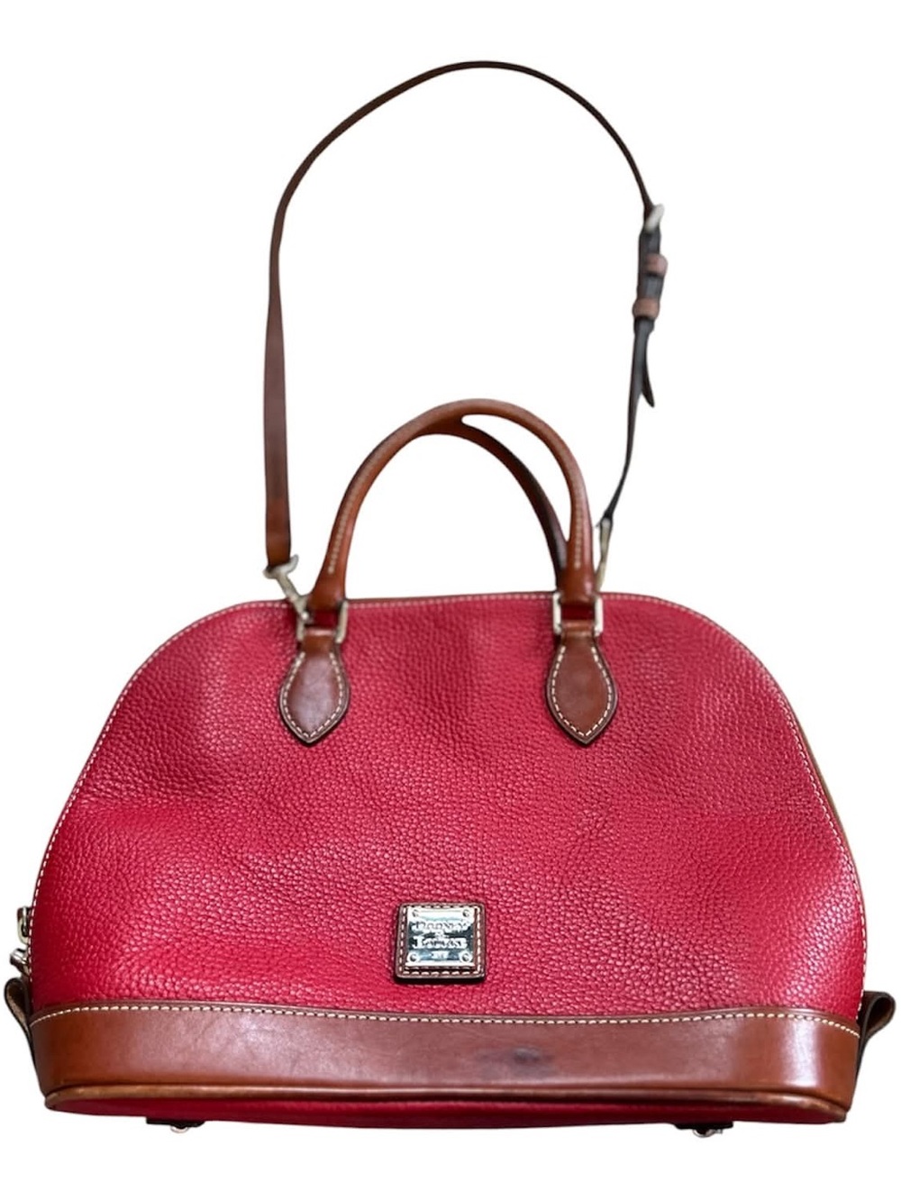 Dooney & Bourke Red and Brown Pebbled Leather Satchel with Shoulder Strap